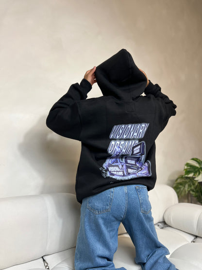 "Black graphic relaxed pullover hoodie featuring a bold, modern design on the front. The hoodie has a comfortable, oversized fit with a spacious hood, ribbed cuffs, and a soft interior, perfect for casual wear."